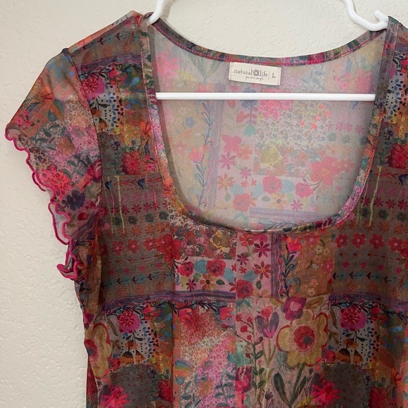 Pink Multi Floral Scoop Neck Sheer Mesh Patchwork Top - Picture 2 of 4